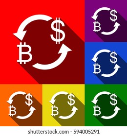 Currency exchange sign. Bitcoin and US Dollar. Vector. Set of icons with flat shadows at red, orange, yellow, green, blue and violet background.