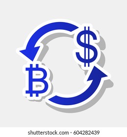 Currency exchange sign. Bitcoin and US Dollar. Vector. New year bluish icon with outside stroke and gray shadow on light gray background.