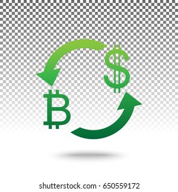 Currency exchange sign. Bitcoin and US Dollar. Vector. Green gradient icon with shadow at bottom on transparent and white background.