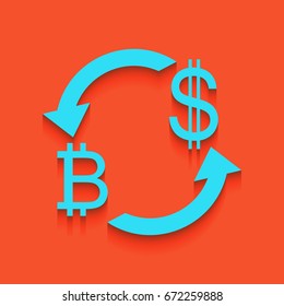 Currency exchange sign. Bitcoin and US Dollar. Vector. Blue icon with soft shadow putted down on flamingo background.