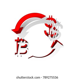 Currency exchange sign. Bitcoin and US Dollar. Vector. Detachable paper icon with red body stock. Isolated.