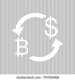 Currency exchange sign. Bitcoin and US Dollar. Vector. White icon on grayish striped background. Optical illusion.