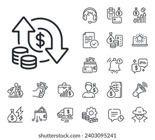 Currency exchange sign. Cash money, loan and mortgage outline icons. Change money line icon. Transfer payment symbol. Change money line sign. Credit card, crypto wallet icon. Vector