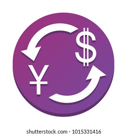Currency exchange sign. China Yuan and US Dollar. Vector. White icon with flat shadow on purpureus circle at white background. Isolated.