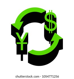 Currency exchange sign. China Yuan and US Dollar. Vector. Green 3d icon with black side on white background. Isolated.