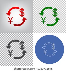 Currency exchange sign. China Yuan and US Dollar. Vector. 4 styles. Red gradient in radial lighted background, green flat and gray scribble icons on transparent and linear one in blue circle.