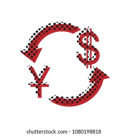 Currency exchange sign. China Yuan and US Dollar. Vector. Brown icon with shifted black circle pattern as duplicate at white background. Isolated.