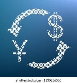 Currency exchange sign. China Yuan and US Dollar. Vector. White textured icon at lapis lazuli gradient background.