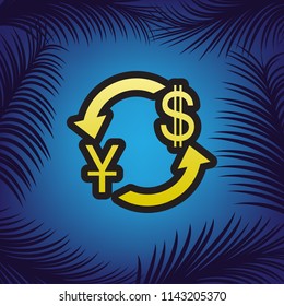 Currency exchange sign. China Yuan and US Dollar. Vector. Golden icon with black contour at blue background with branches of palm trees.