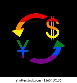 Currency exchange sign. China Yuan and US Dollar. Vector. Icon with colors of LGBT flag at black background.