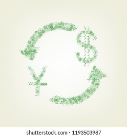 Currency exchange sign. China Yuan and US Dollar. Vector. Green hexagon rastered icon and noised opacity and size at light green background with central light.