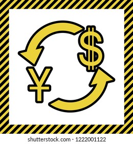 Currency exchange sign. China Yuan and US Dollar. Vector. Warm yellow icon with black contour in frame named as under construction at white background. Isolated.