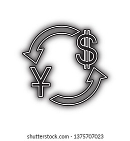 Currency exchange sign. China Yuan and US Dollar. Vector. Double contour black icon with soft shadow at white background. Isolated.