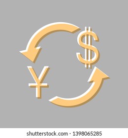 Currency exchange sign. China Yuan and US Dollar. Emboss effect with light orange icon on gray background.