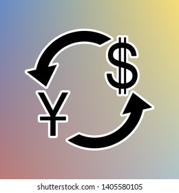 Currency exchange sign. China Yuan and US Dollar. Black icon in white shell at pastel color background. Illustration.