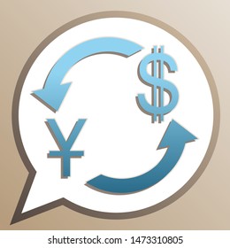 Currency exchange sign. China Yuan and US Dollar. Bright cerulean icon in white speech balloon at pale taupe background. Illustration.