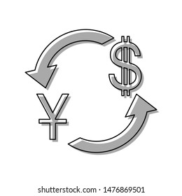 Currency exchange sign. China Yuan and US Dollar. Black line icon with gray shifted flat filled icon on white background. Illustration.