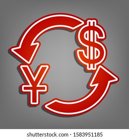 Currency exchange sign. China Yuan and US Dollar. Flat red icon with linear white icon with gray shadow at grayish background. Illustration.