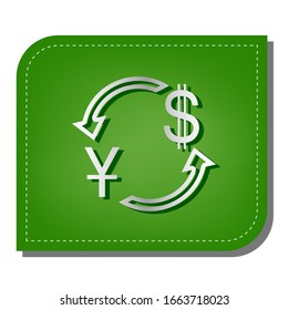 Currency exchange sign. China Yuan and US Dollar. Silver gradient line icon with dark green shadow at ecological patched green leaf. Illustration.