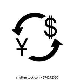 Currency exchange sign. China Yuan and US Dollar. Flat style black icon on white.