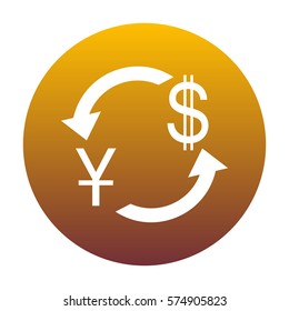 Currency exchange sign. China Yuan and US Dollar. White icon in circle with golden gradient as background. Isolated.