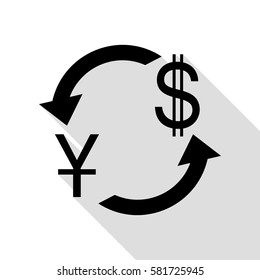 Currency exchange sign. China Yuan and US Dollar. Black icon with flat style shadow path.