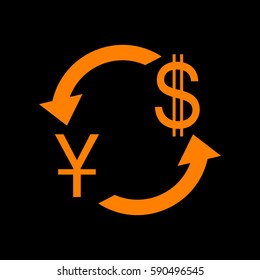 Currency exchange sign. China Yuan and US Dollar. Orange icon on black background.