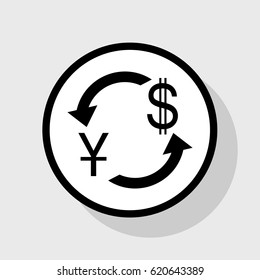 Currency exchange sign. China Yuan and US Dollar. Vector. Flat black icon in white circle with shadow at gray background.