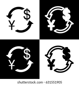 Currency exchange sign. China Yuan and US Dollar. Vector. Black and white icons and line icon on chess board.
