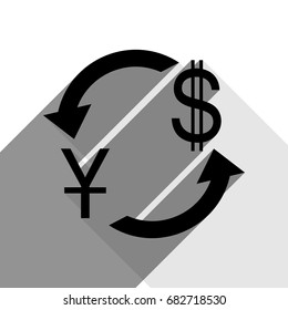 Currency exchange sign. China Yuan and US Dollar. Vector. Black icon with two flat gray shadows on white background.