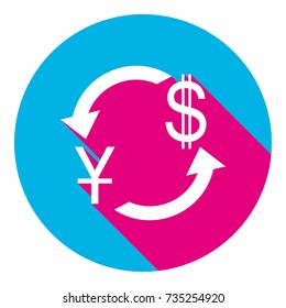 Currency exchange sign. China Yuan and US Dollar. Vector. Flat white icon with mexican pink shadow inside sky blue(S and G) circle at white background. Isolated. Trend colors in 2017.