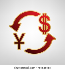 Currency exchange sign. China Yuan and US Dollar. Vector. Red icon on gold sticker at light gray background.