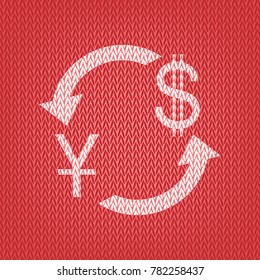 Currency exchange sign. China Yuan and US Dollar. Vector. Knitted white icon on a red knitted background.