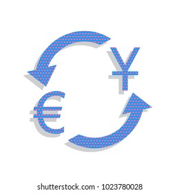 Currency exchange sign. Dollar and Euro. Vector. Neon blue icon with cyclamen polka dots pattern with light gray shadow on white background. Isolated.