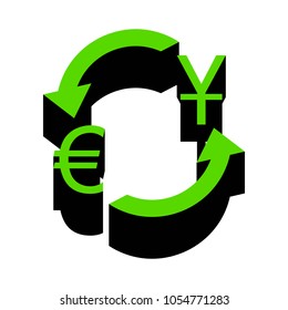 Currency exchange sign. Dollar and Euro. Vector. Green 3d icon with black side on white background. Isolated.