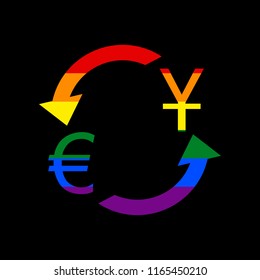 Currency exchange sign. Dollar and Euro. Vector. Icon with colors of LGBT flag at black background.