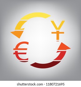 Currency exchange sign. Dollar and Euro. Vector. Horizontally sliced icon with colors from sunny gradient in gray background.