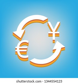 Currency exchange sign. Dollar and Euro. Vector. White icon with 3d warm-colored gradient body at sky blue background.