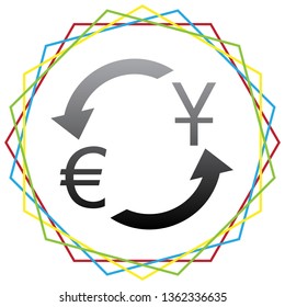 Currency exchange sign. Dollar and Euro. Vector. Black icon with patch of light inside colorful hexagonal frames at white background.