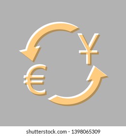 Currency exchange sign. Dollar and Euro. Emboss effect with light orange icon on gray background.