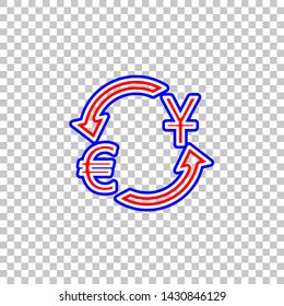 Currency exchange sign. Dollar and Euro. Red, white and contour icon at transparent background. Illustration.