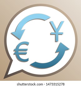 Currency exchange sign. Dollar and Euro. Bright cerulean icon in white speech balloon at pale taupe background. Illustration.