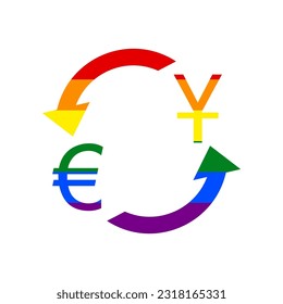 Currency exchange sign. Dollar and Euro. Rainbow gay LGBT rights colored Icon at white Background. Illustration.