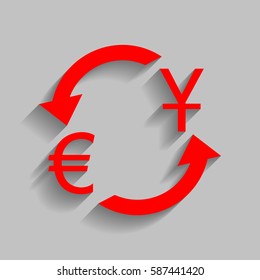 Currency exchange sign. Dollar and Euro. Vector. Red icon with soft shadow on gray background.