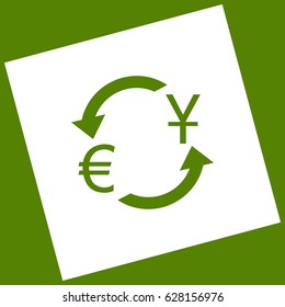 Currency exchange sign. Dollar and Euro. Vector. White icon obtained as a result of subtraction rotated square and path. Avocado background.