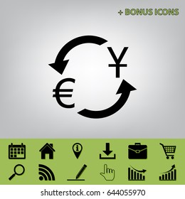 Currency exchange sign. Dollar and Euro. Vector. Black icon at gray background with bonus icons 