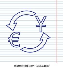 Currency exchange sign. Dollar and Euro. Vector. Navy line icon on notebook paper as background with red line for field.
