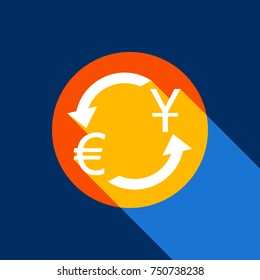 Currency exchange sign. Dollar and Euro. Vector. White icon on tangelo circle with infinite shadow of light at cool black background. Selective yellow and bright navy blue are produced.