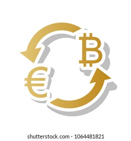 Currency exchange sign. Euro and Bitcoin. Vector. Golden gradient icon with white contour and rotated gray shadow at white background.