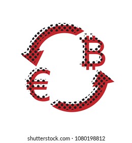 Currency exchange sign. Euro and Bitcoin. Vector. Brown icon with shifted black circle pattern as duplicate at white background. Isolated.